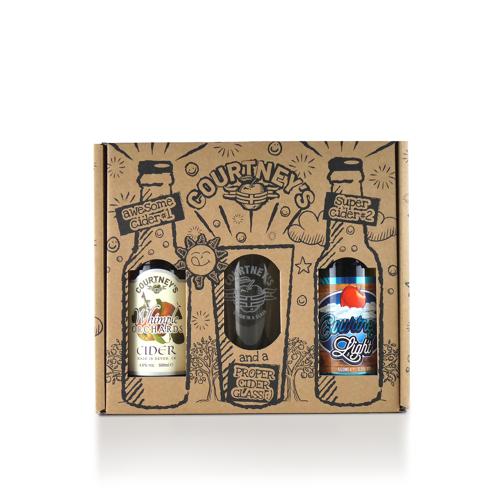 Whimple Orchards and Courtney's Light - 2 Bottle & Glass Gift Set